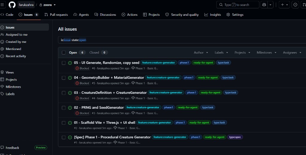 GitHub Issues board for zoora Phase 1 — six issues with labels and blocked dependencies